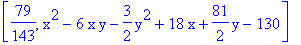 [79/143, x^2-6*x*y-3/2*y^2+18*x+81/2*y-130]
